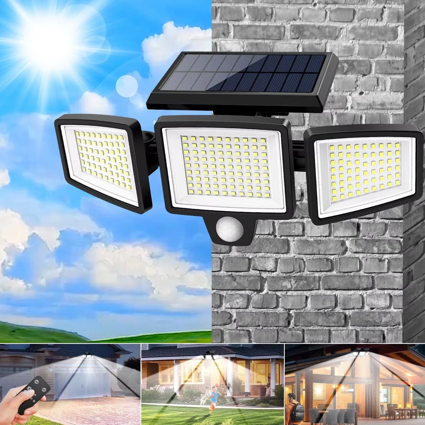 SZRSTH Solar Outdoor Light Three Head Motion Sensor Remote