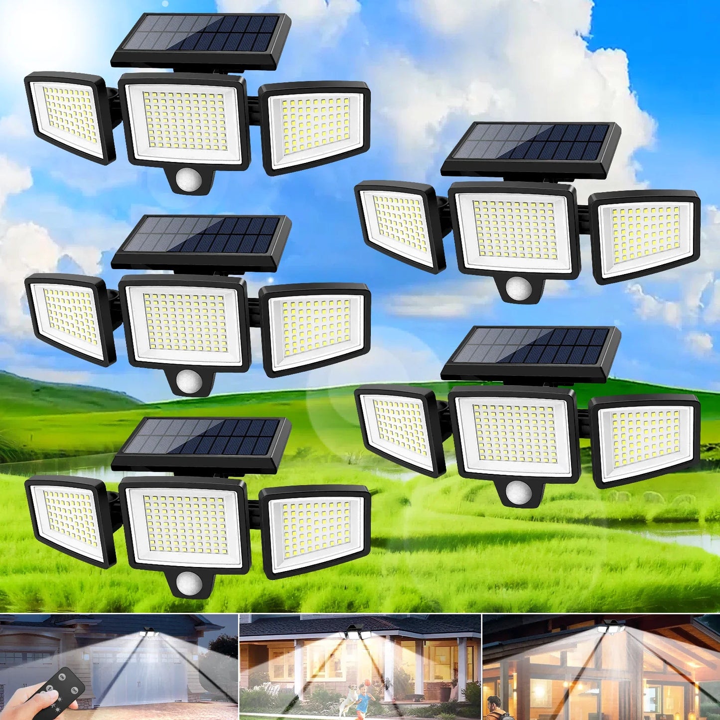 SZRSTH Solar Outdoor Light Three Head Motion Sensor Remote
