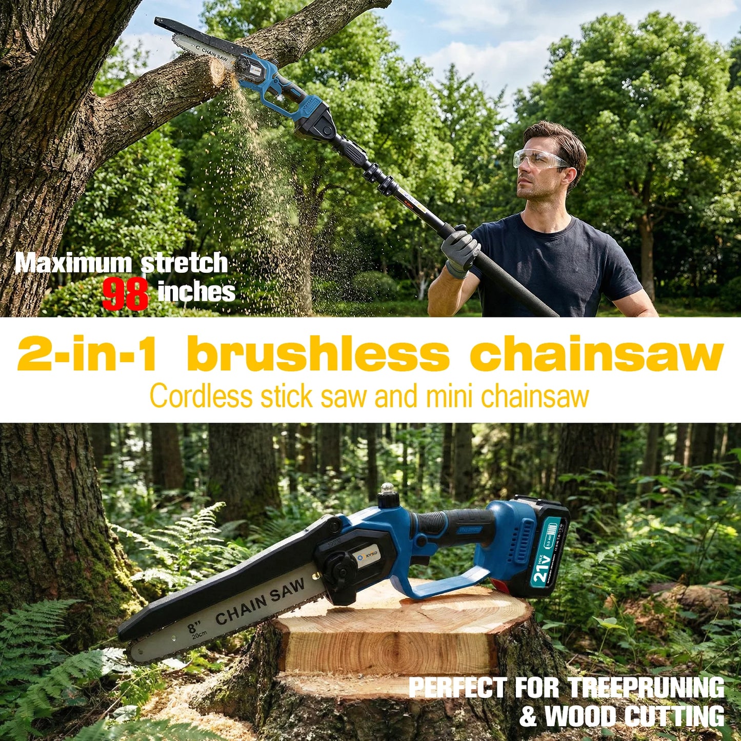 XYSD Two In One Cordless Pole Saw And Mini Chainsaw