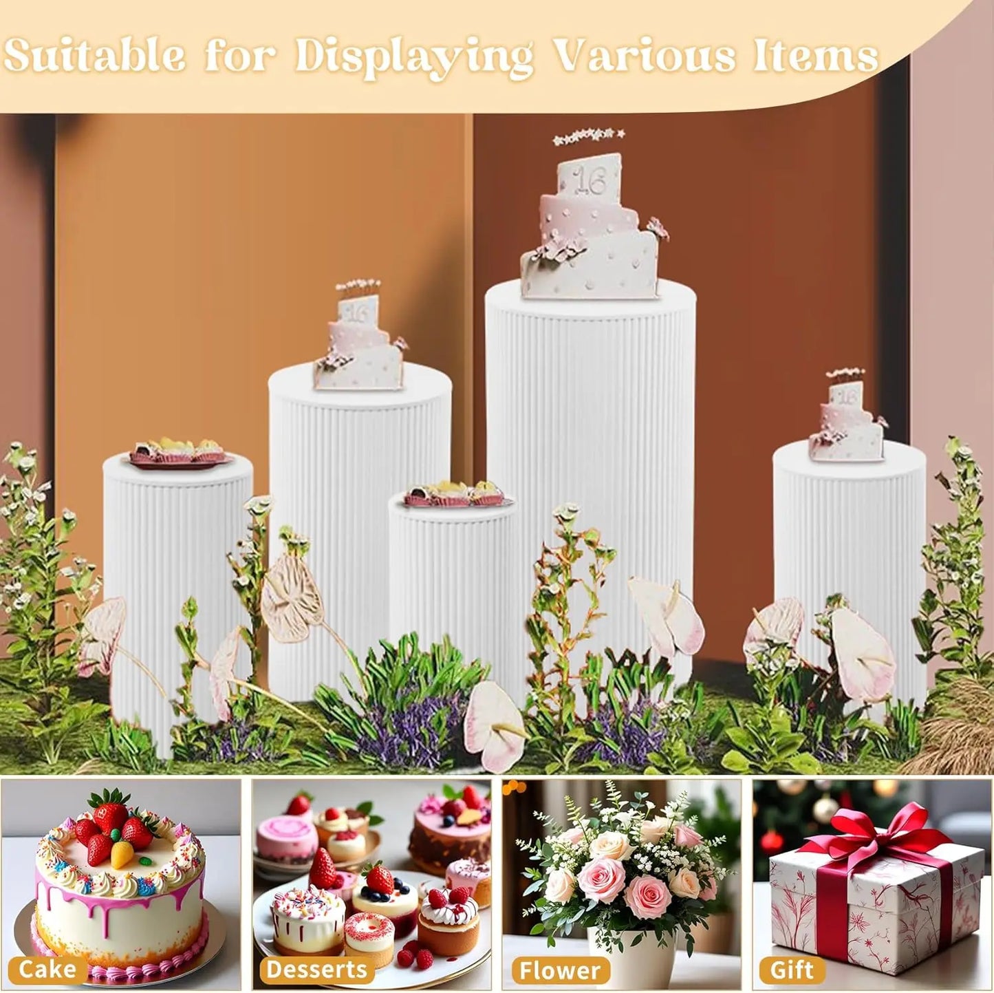 Metal Pleated Cylinder Pedestal Stands 5-Piece Set