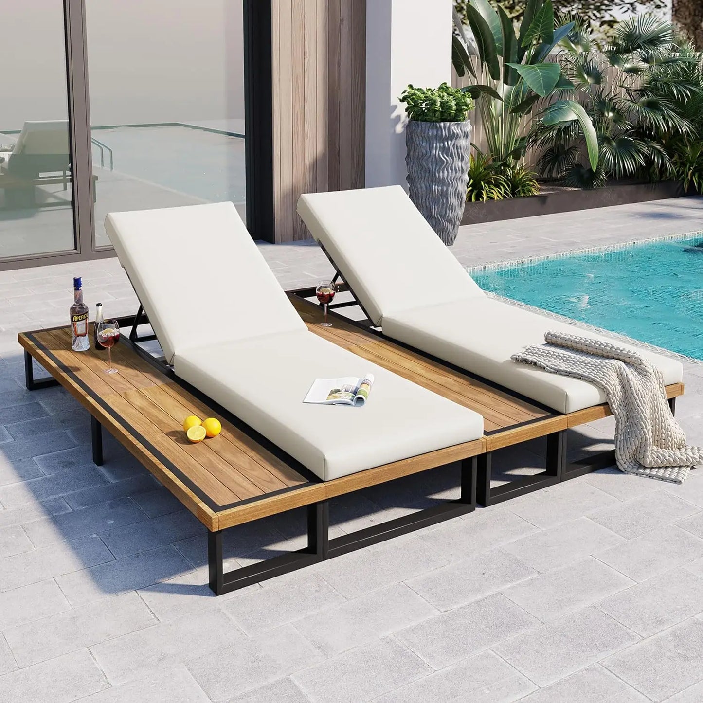 Outdoor 5-Position Adjustable Chaise Lounge Set With Steel Frame Cushions