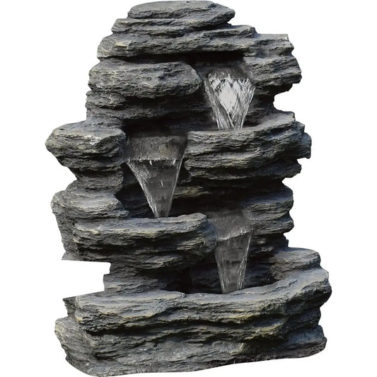 Brown Resin Outdoor Fountain With Cascading Waterfall Stone Look