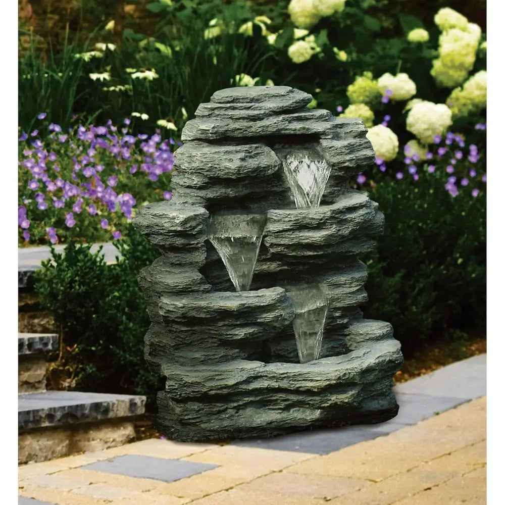 Brown Resin Outdoor Fountain With Cascading Waterfall Stone Look