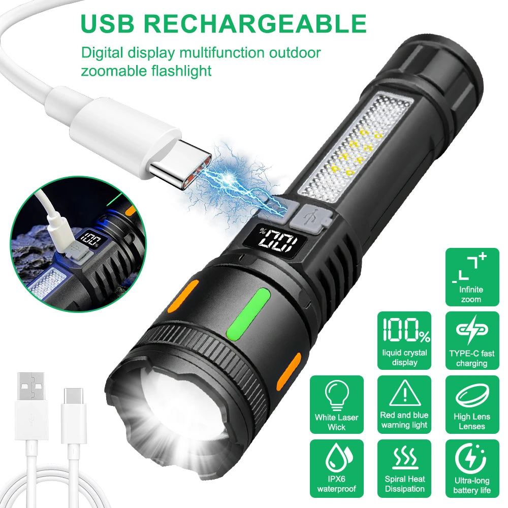Smart Display LED Flashlight Rechargeable Type C Torch Emergency Light