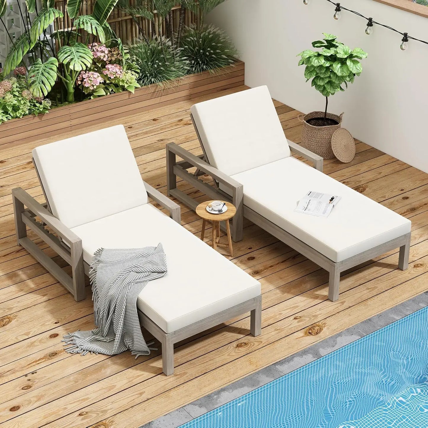 Outdoor 5-Position Adjustable Chaise Lounge Set With Steel Frame Cushions