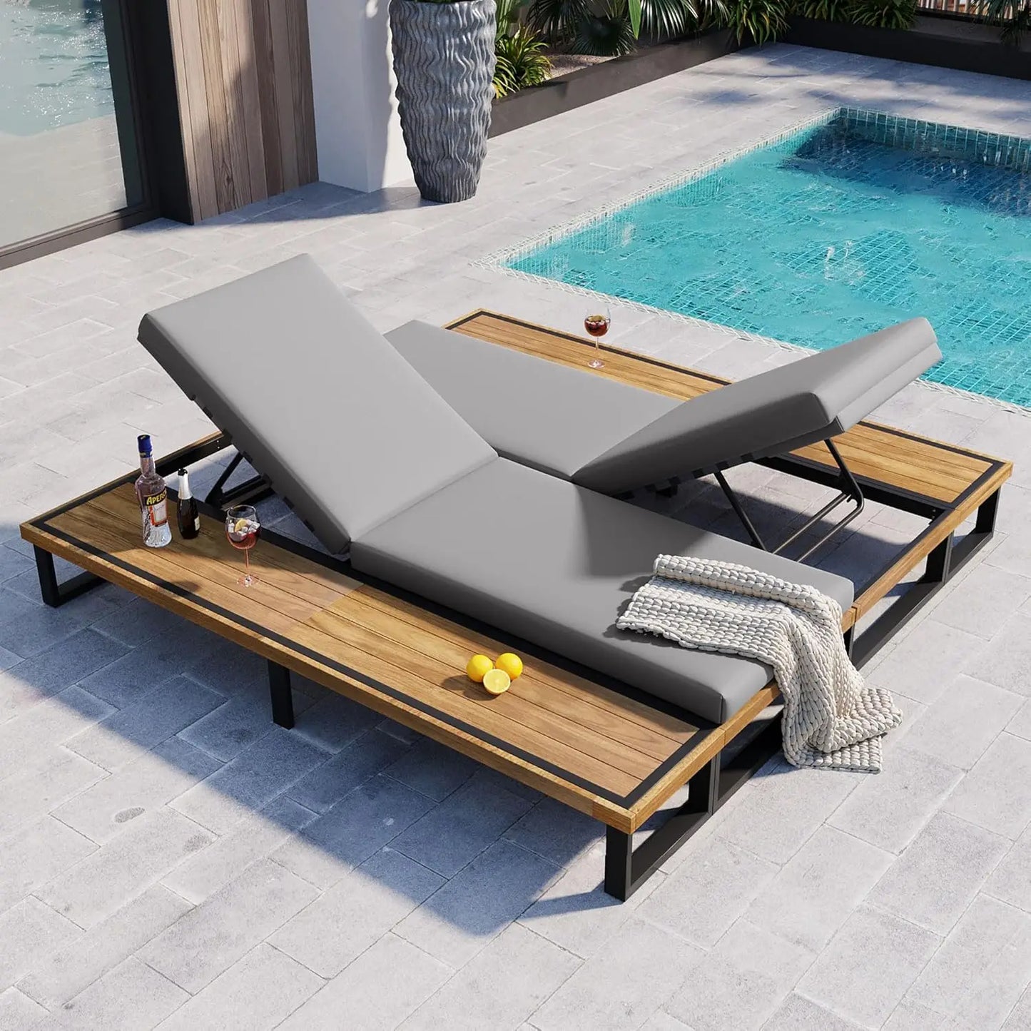 Outdoor 5-Position Adjustable Chaise Lounge Set With Steel Frame Cushions