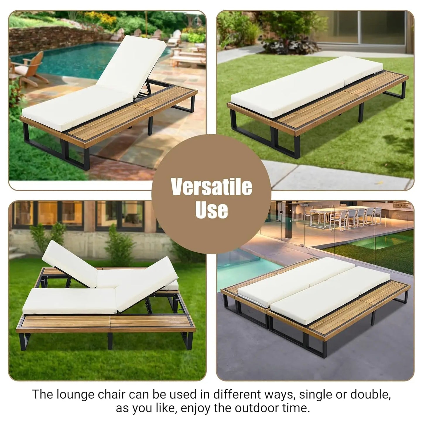 Outdoor 5-Position Adjustable Chaise Lounge Set With Steel Frame Cushions