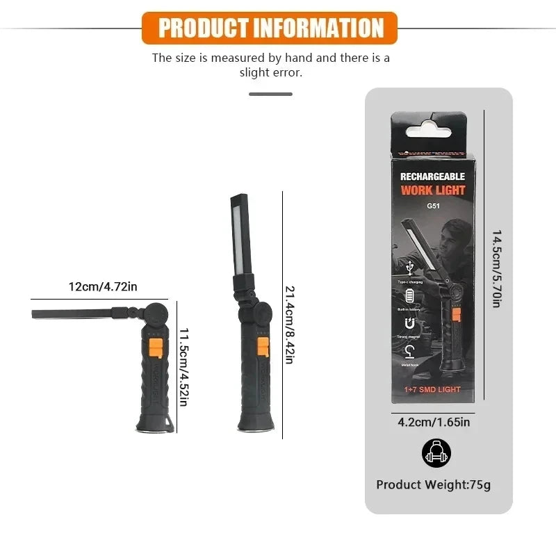 Portable Rechargeable Flashlight With Folding Work Light And Magnetic Hook