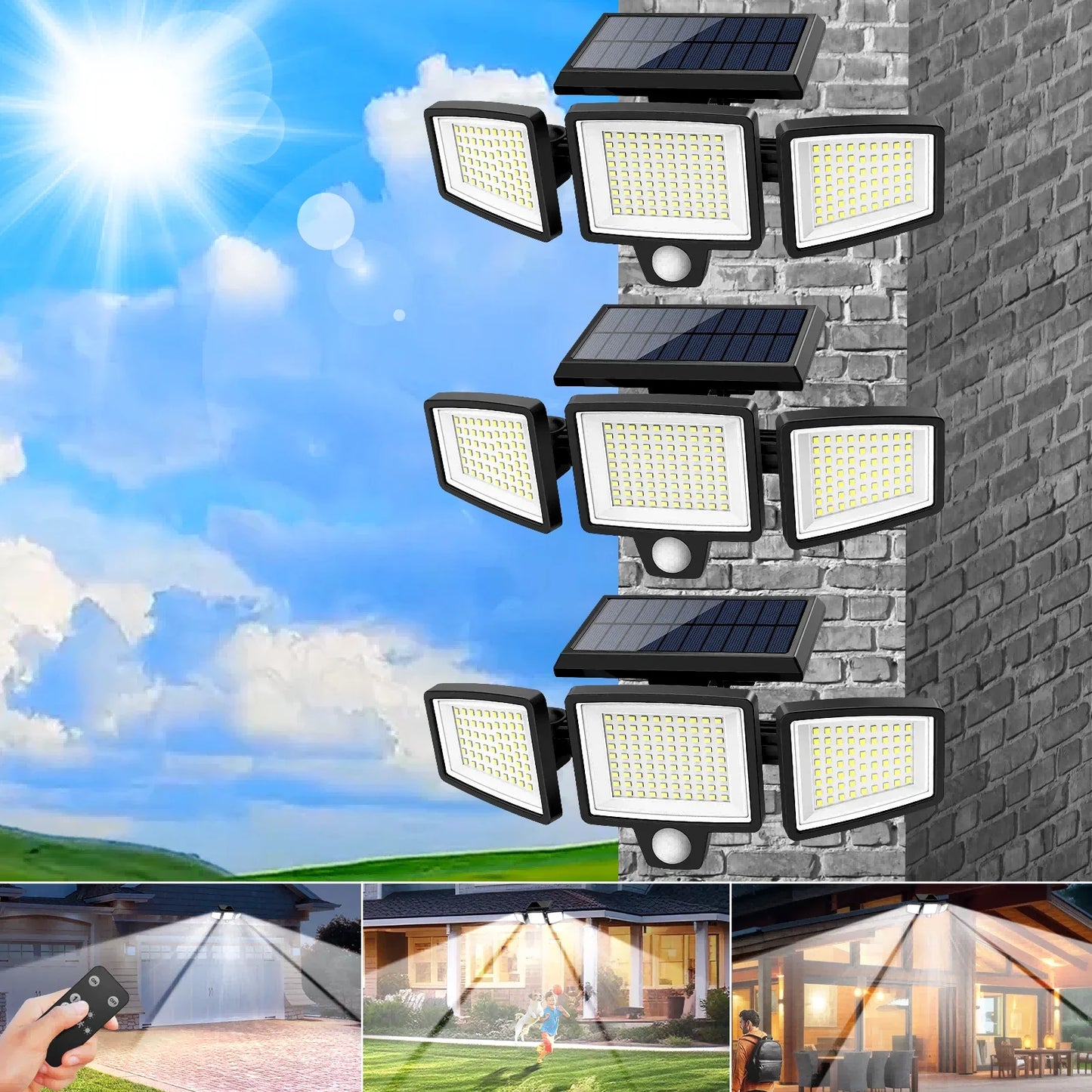 SZRSTH Solar Outdoor Light Three Head Motion Sensor Remote