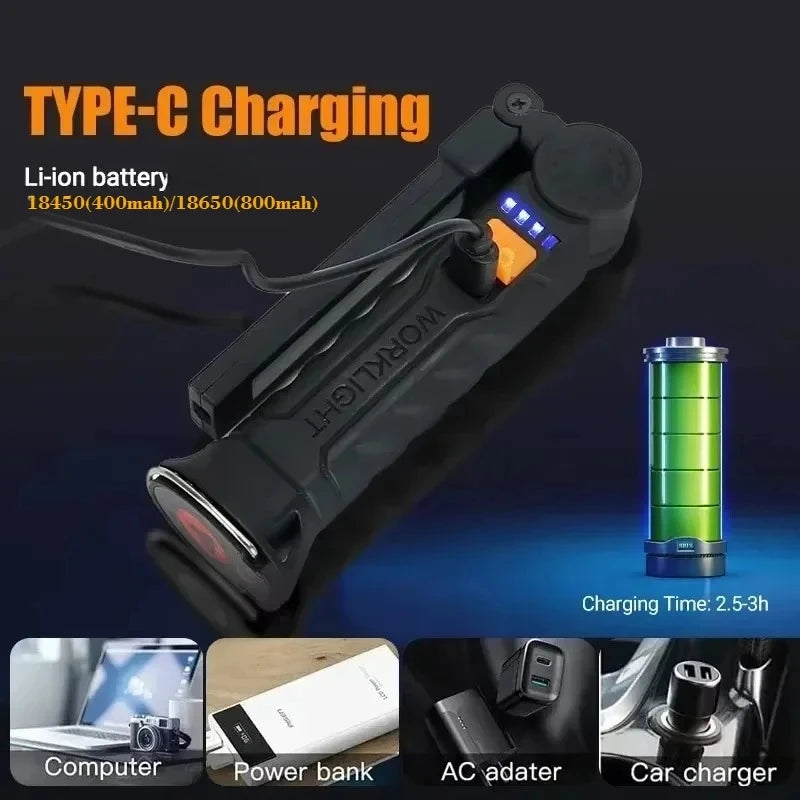 Portable Rechargeable Flashlight With Folding Work Light And Magnetic Hook