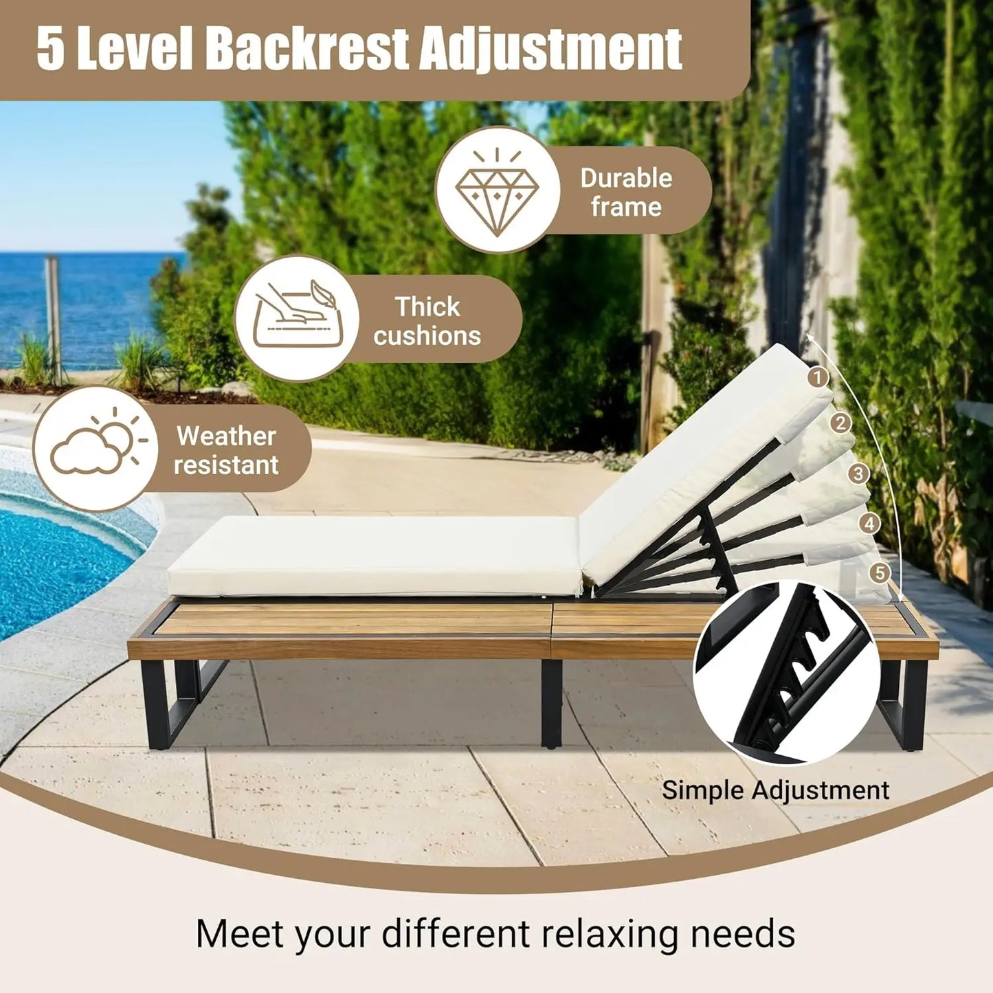 Outdoor 5-Position Adjustable Chaise Lounge Set With Steel Frame Cushions