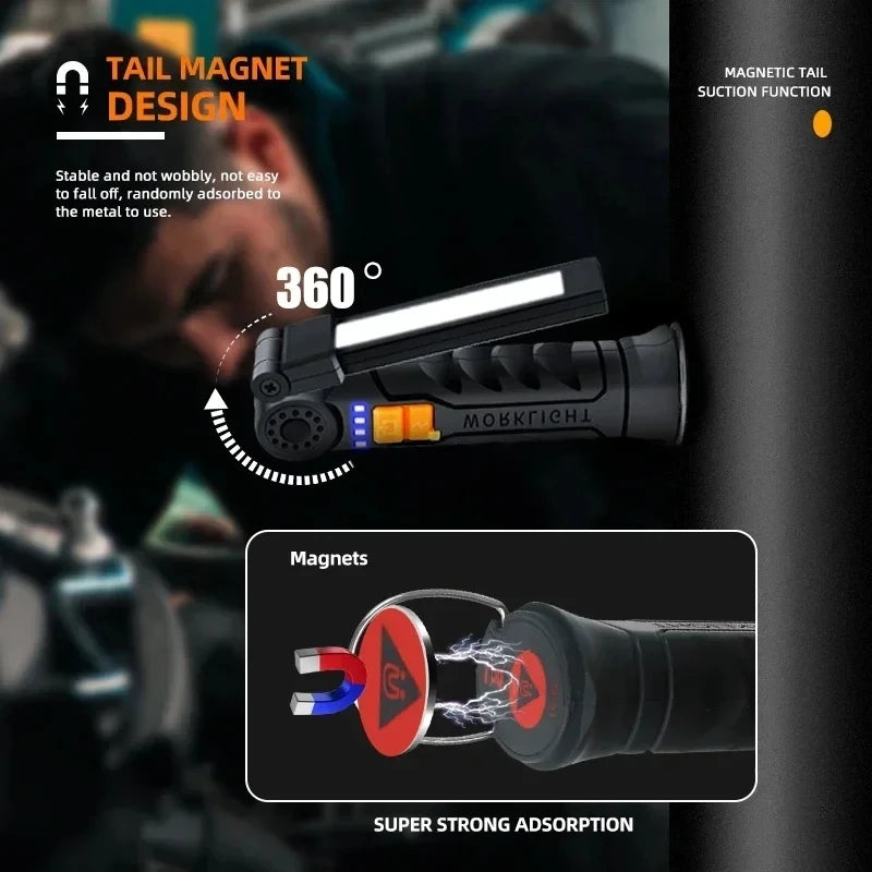 Portable Rechargeable Flashlight With Folding Work Light And Magnetic Hook