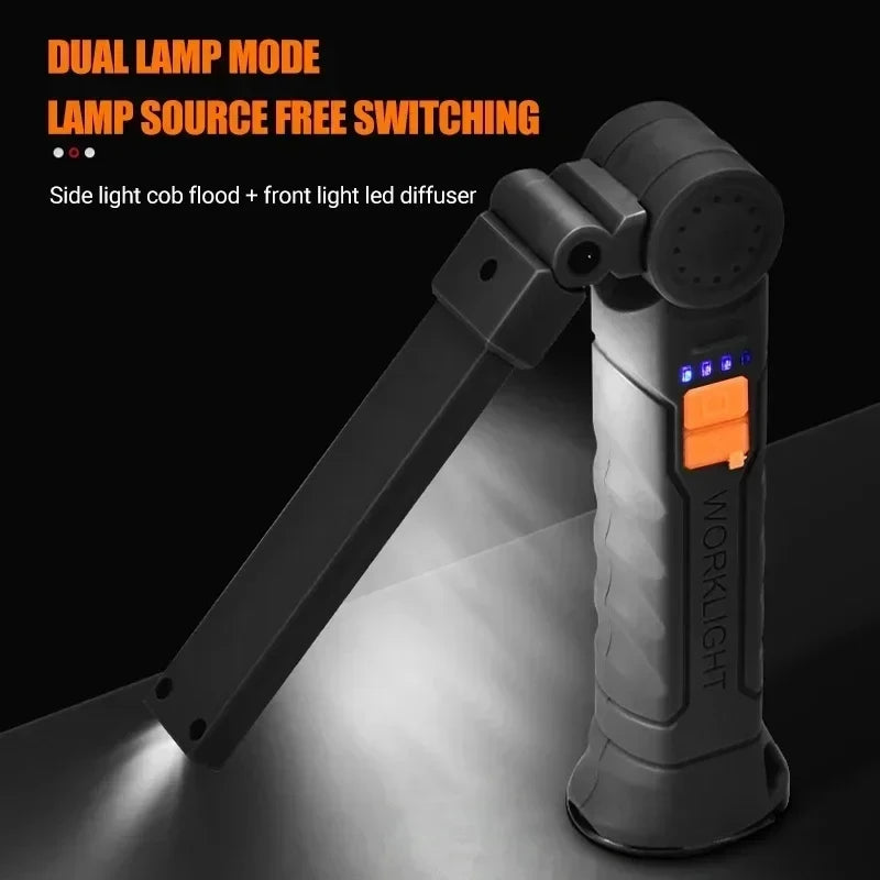Portable Rechargeable Flashlight With Folding Work Light And Magnetic Hook