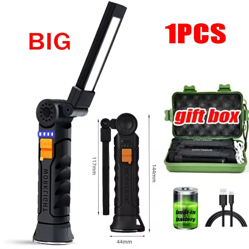 Portable Rechargeable Flashlight With Folding Work Light And Magnetic Hook