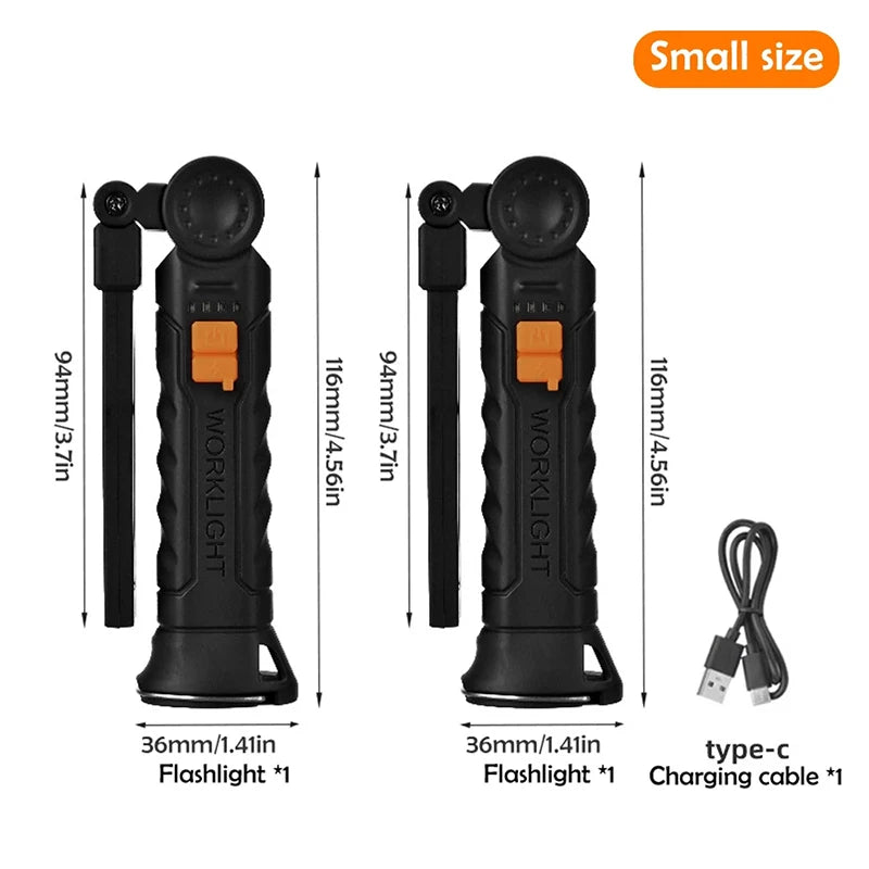 Portable Rechargeable Flashlight With Folding Work Light And Magnetic Hook