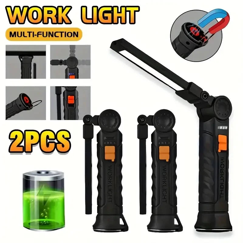 Portable Rechargeable Flashlight With Folding Work Light And Magnetic Hook