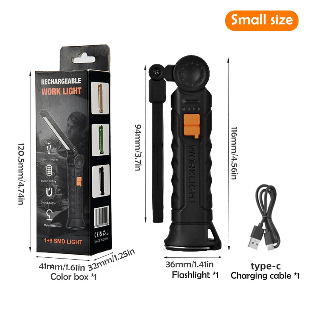 Portable Rechargeable Flashlight With Folding Work Light And Magnetic Hook