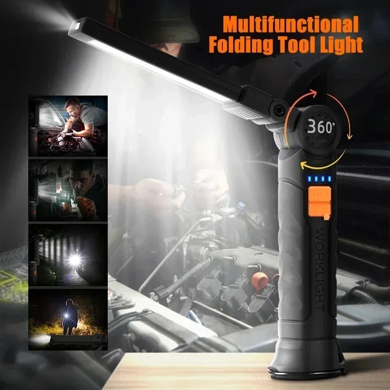 Portable Rechargeable Flashlight With Folding Work Light And Magnetic Hook