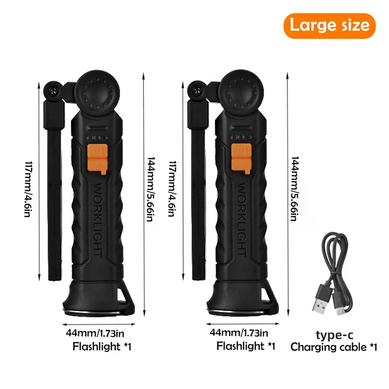 Portable Rechargeable Flashlight With Folding Work Light And Magnetic Hook