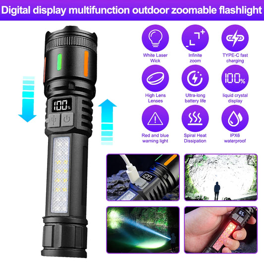 Smart Display LED Flashlight Rechargeable Type C Torch Emergency Light