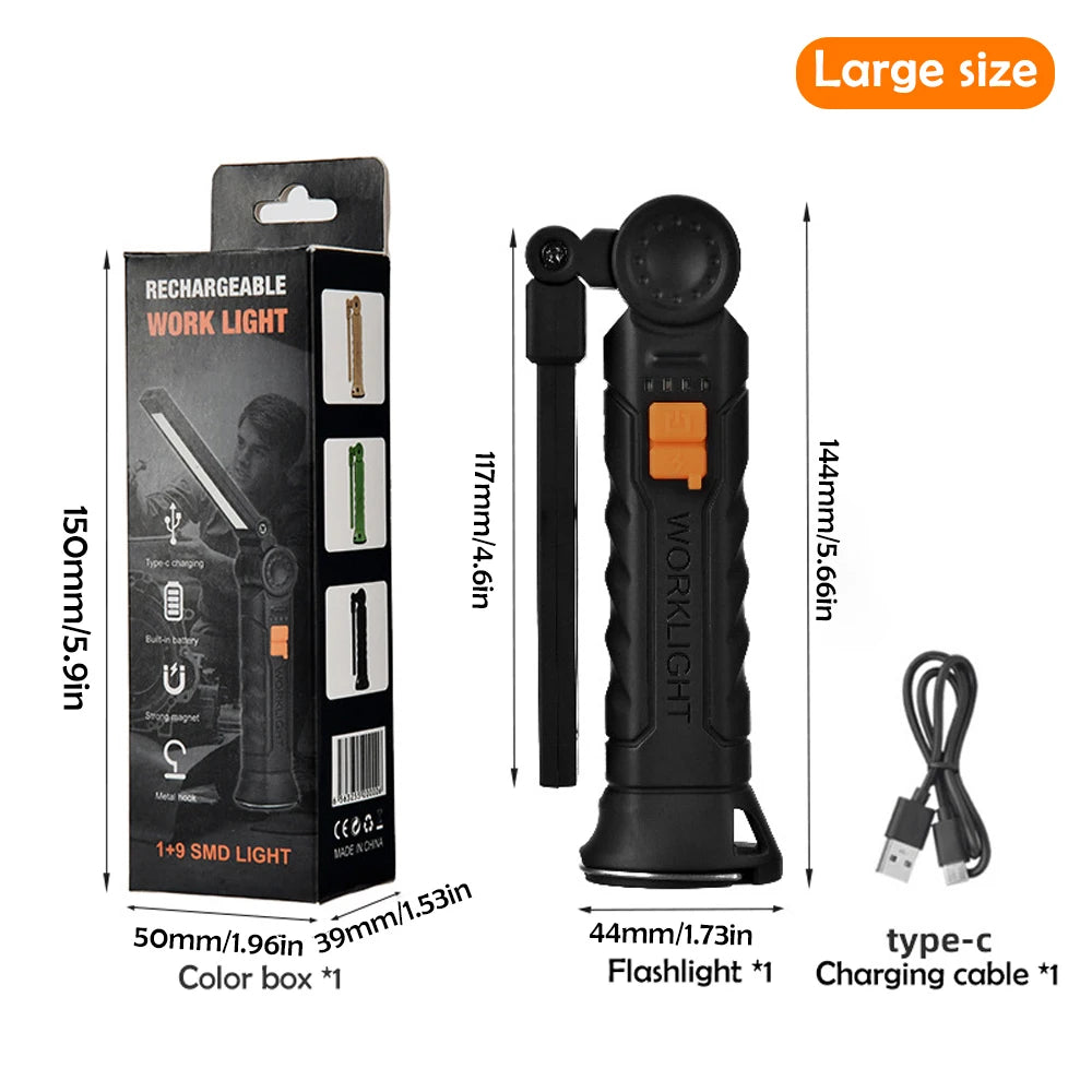 Portable Rechargeable Flashlight With Folding Work Light And Magnetic Hook