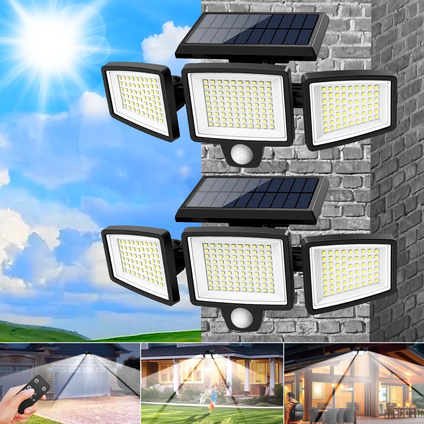 SZRSTH Solar Outdoor Light Three Head Motion Sensor Remote