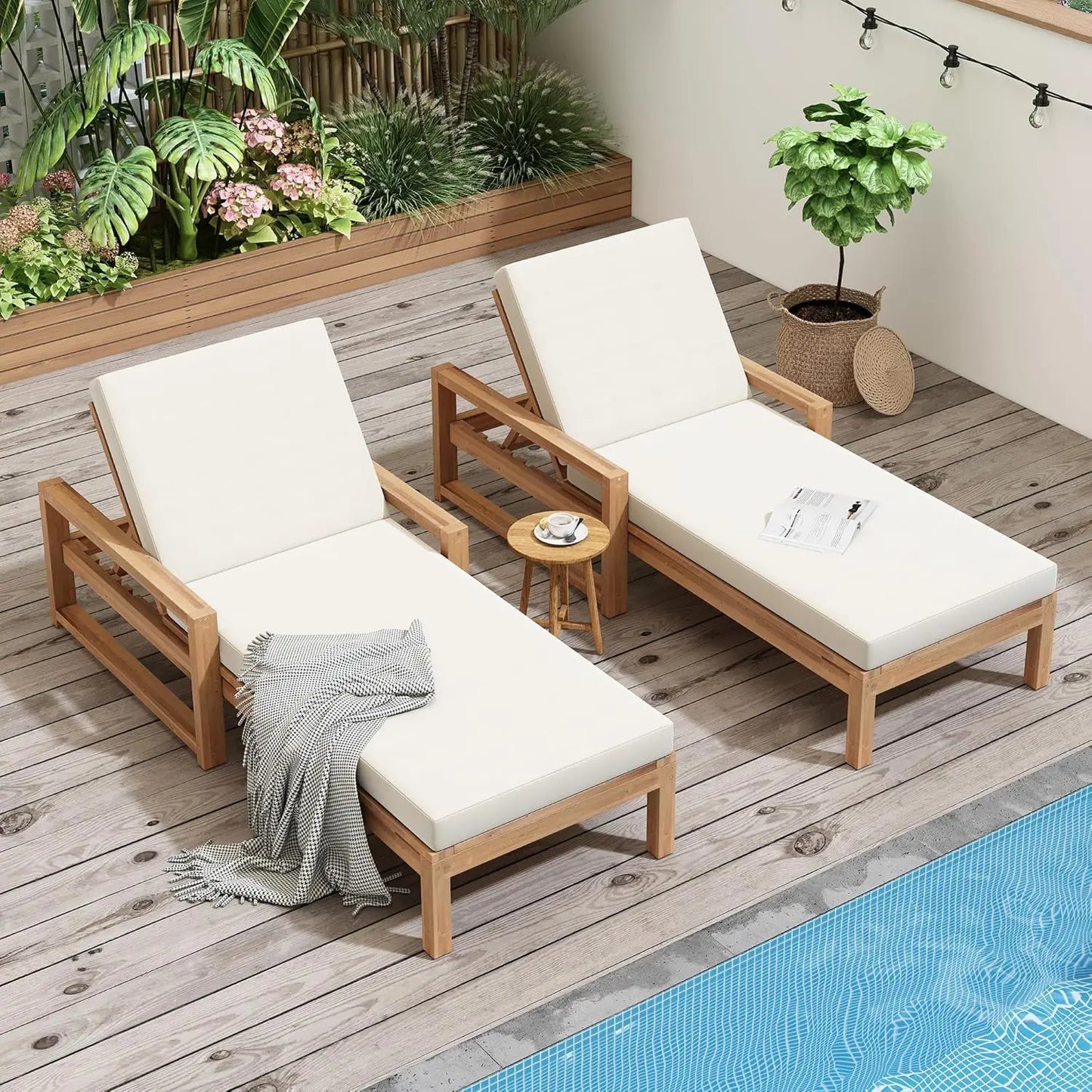 Outdoor 5-Position Adjustable Chaise Lounge Set With Steel Frame Cushions