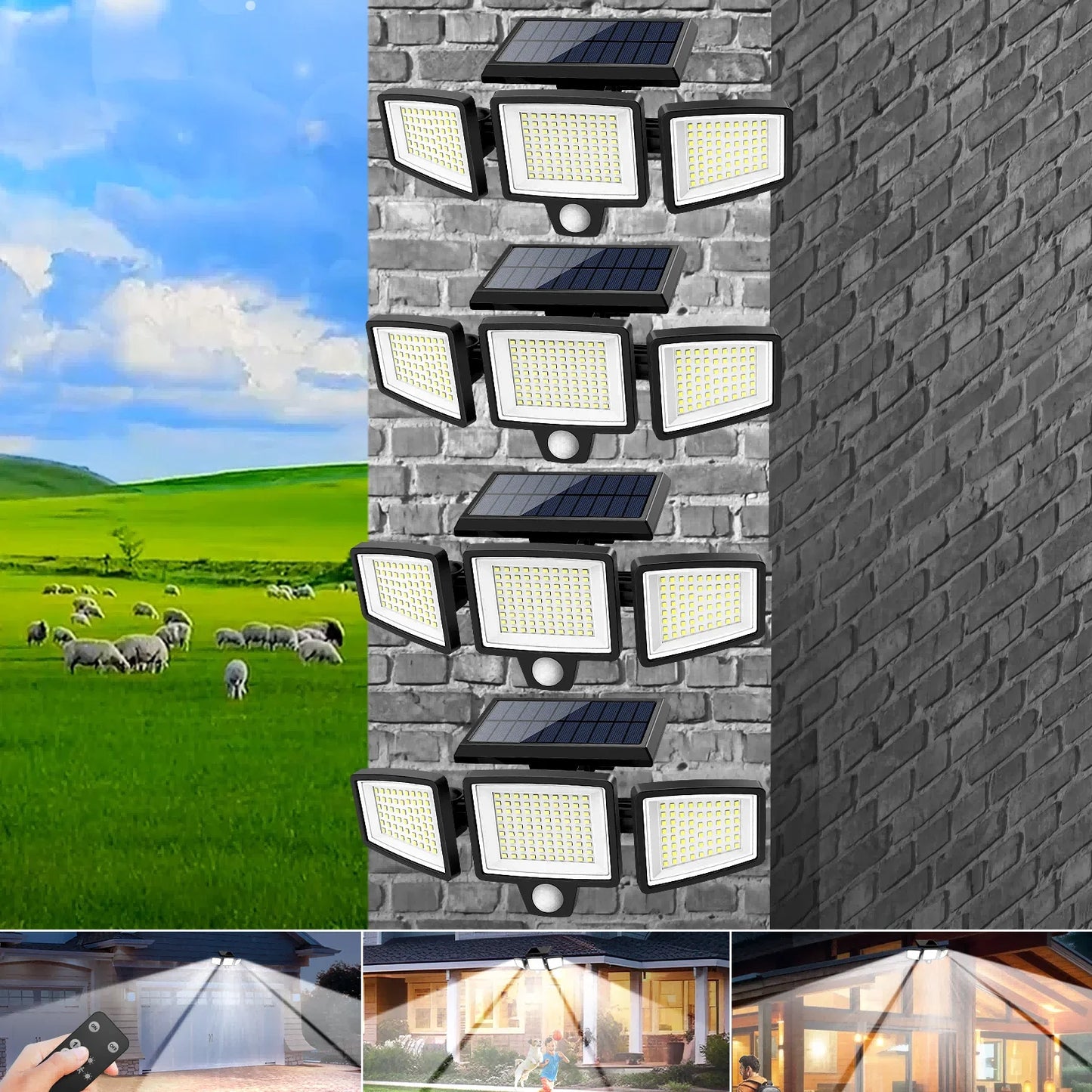 SZRSTH Solar Outdoor Light Three Head Motion Sensor Remote