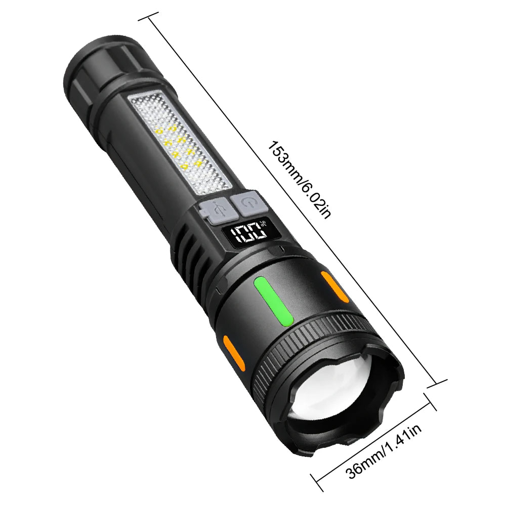Smart Display LED Flashlight Rechargeable Type C Torch Emergency Light